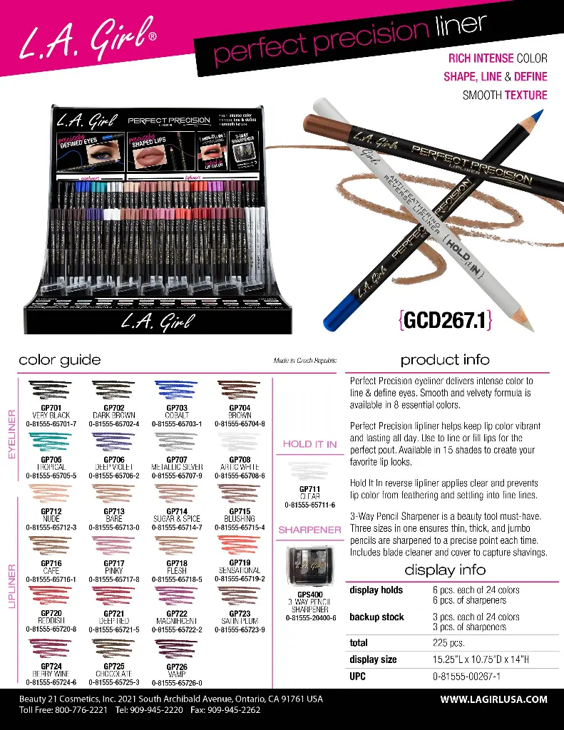 GCD267.1 - LA GIRL PERFECT PRECISION LINER SET (24COLORS, 9PCS/COLOR, 9PCS OF SHARPENER, 225PCS TOTAL) w/ ACRYLIC DISPLAY (1 PCS)