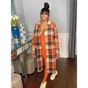 Women's Plaid Print Button Front Split Hem Overcoat, Casual Drop Shoulder Long Sleeve Collared Coat for Fall & Winter, Women's Clothing for Daily Wear（gift）