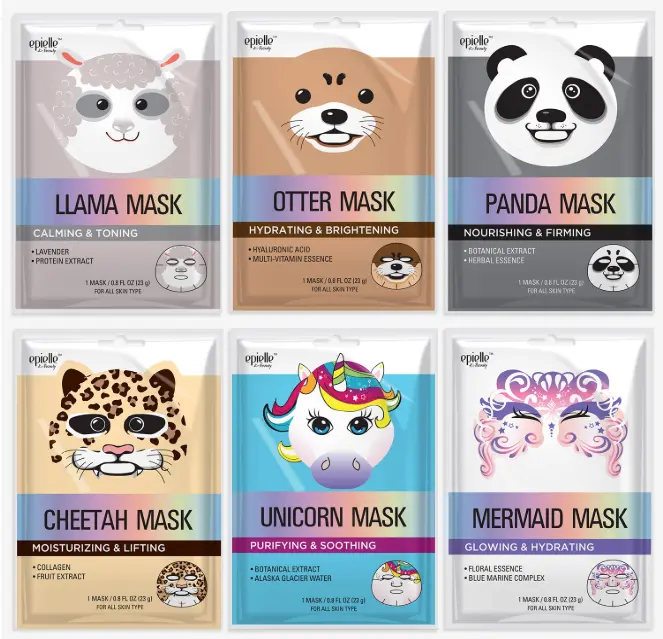 Epielle Animal Character Sheet Masks 6 Pack, Moisturizing & Hydrating Face Mask with Hyaluronic Acid & Botanical Extract, Korean Skin Care, Girls Spa Party Favors, Sleepover, Self Care Gifts for Women