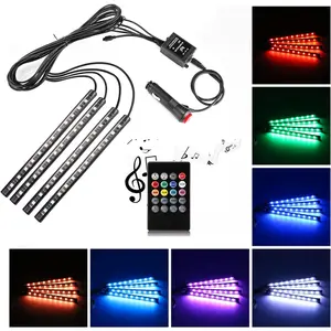 LED Strip Light, 4 count DC 12V Multicolor  Interior Music Light LED Underdash Lighting Kit with Sound  Function and  Remote Control Including  Charger