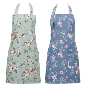 2Pack Floral Aprons for Women Adjustable Kitchen Chef Apron With Rose Pattern for Cooking, Baking