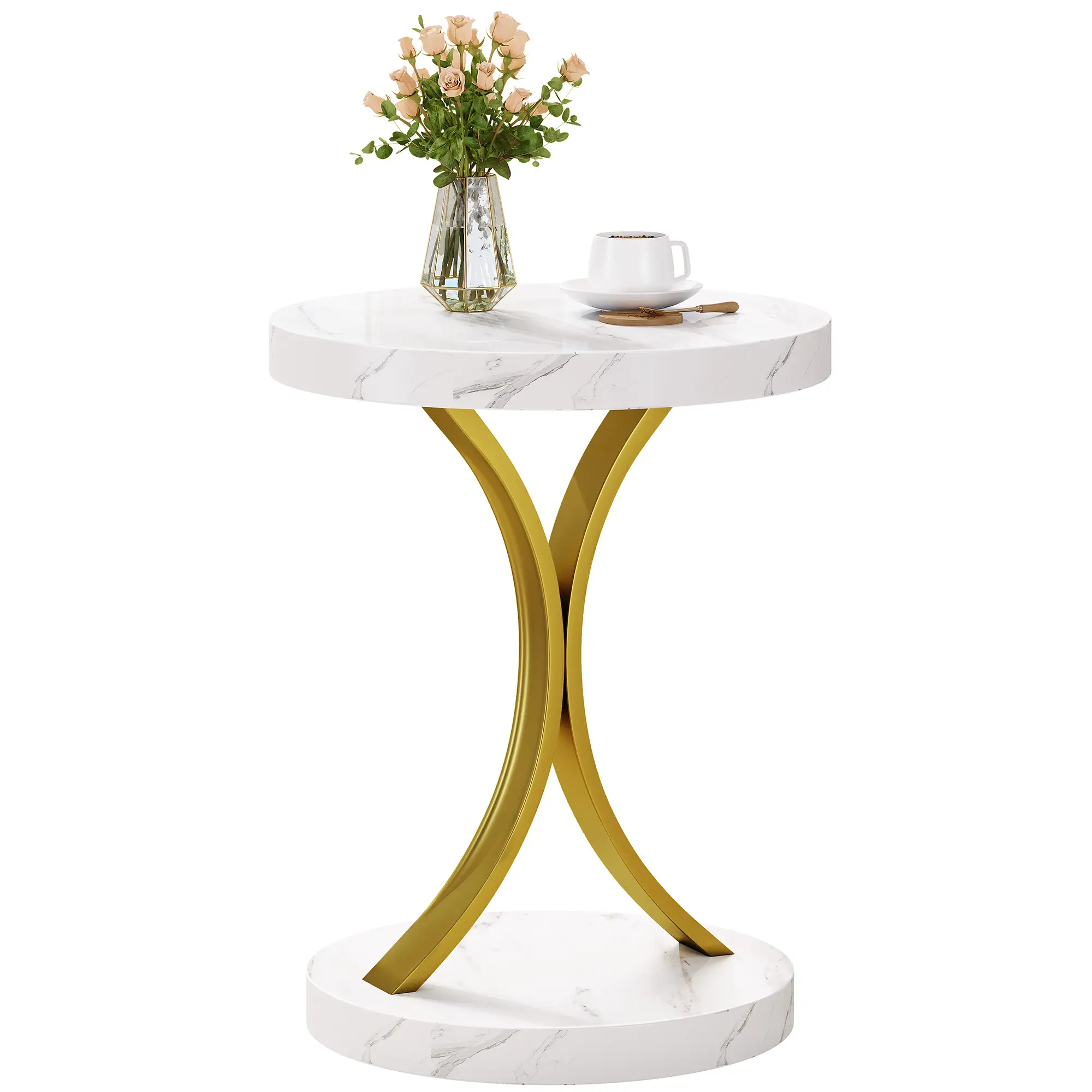 Yitahome Round End Tables, Modern Gold Round Side Table with Faux Marble Top and Gold Metal Frame, for Living Room, Faux Marble