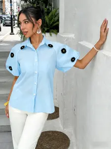 Vibrant Yellow Black Daisy Vacation Puff Sleeve Blouse Trendy Bright Yellow Black Floral Embellished Vacation Statement Top Elegant Black Daisy Bright Yellow Resort Collared Blouse