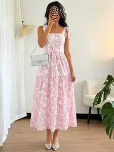 French Elegant Pleated Waist Floral Bell Dress, Sleeveless Flowy Summer Dress, Light Blue Floral Print, Women's Fashion Casual Boho Chic wear