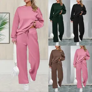2025 Knitted Women's Two-piece Long Sleeve Top & Casual Wide Leg Pocket Pants Set in Soft Polyester Waffle Knit Fabric for Loungewear & Gifts