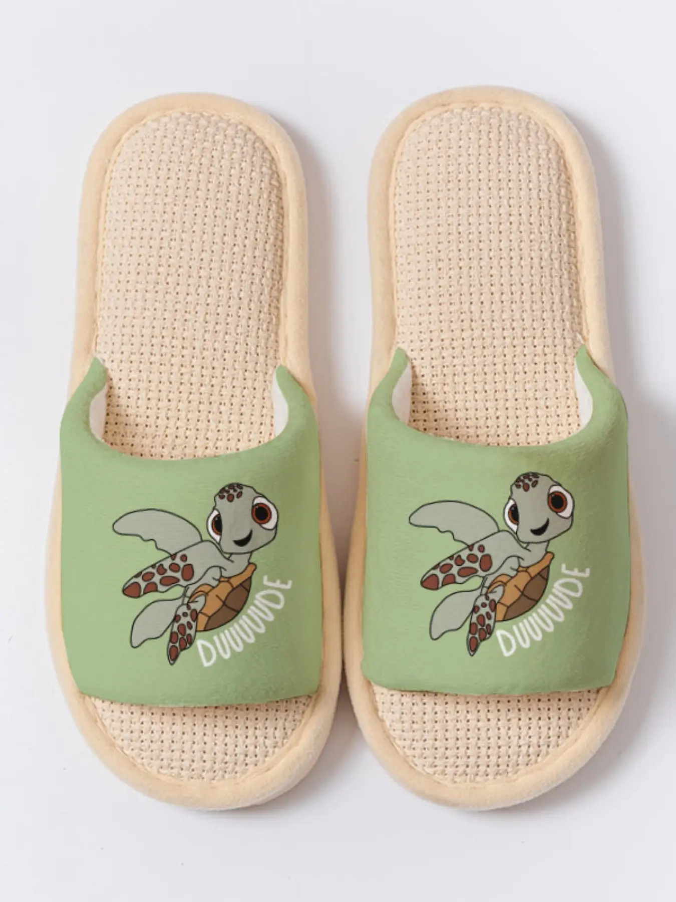 Cartoon Sea Turtle Print Adorable Linen Slippers, Lightweight Breathable Anti-slip All Season House Shoes for Women Men Family Guest Daily Use