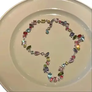 Alloy Necklace with Multicolor Synthetic Gemstones, Y2K Bling Rainbow Zirconia Clavicle Chain, for Daily Wear & Gift-Giving