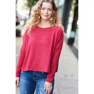 Stay Awhile Red Ribbed Dolman Cropped Sweater