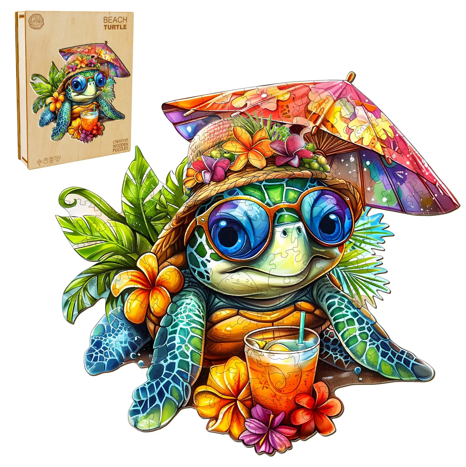 Beach Turtle Wooden Jigsaw Puzzle for Adults and Kids Unique Shape Animal Wood Puzzles Challenging Puzzle, Family Game Creative Gifts，Laser-Cut Durable HDF Wood Puzzle Floral Patterns Decorative Vibrant
