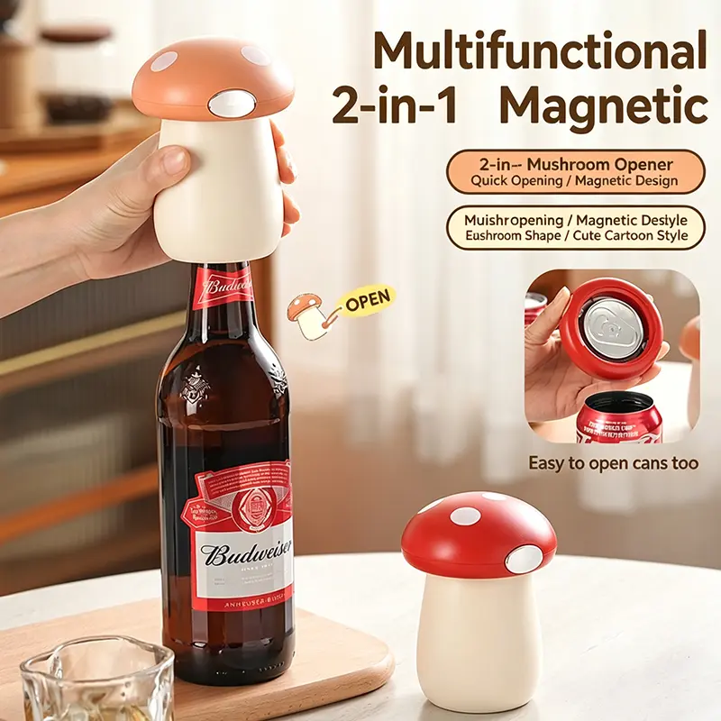 2-in-1 Mushroom Bottle Opener, Multifunctional Magnetic Cap Remover for Home Use, Creative Beer Can Press, Effortless Operation
