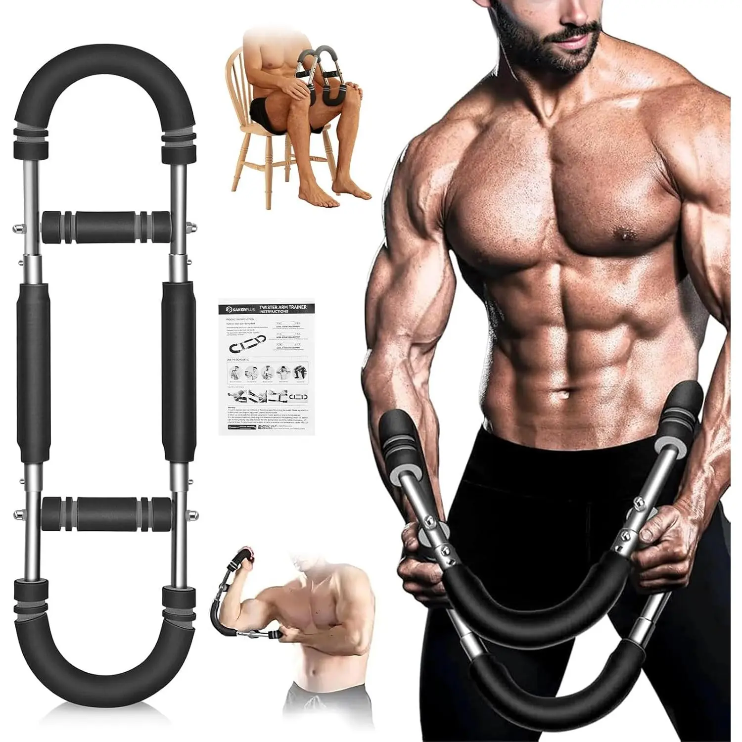 Twister Arm Trainer, Adjustable Spring Chest Expander and Forearm Strengthener, Triceps, Biceps, Shoulder, Back & Thigh Workout bar Equipment, Portable Upper Body Exerciser for Home Fitness