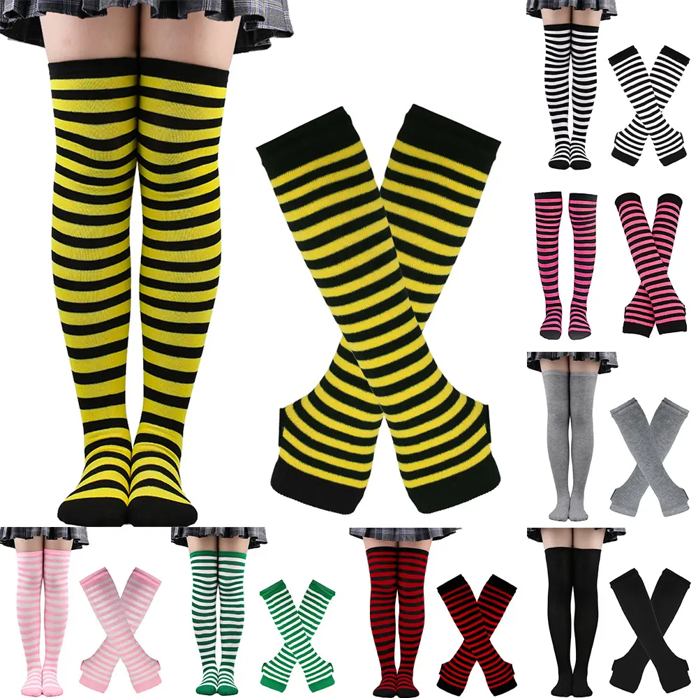 Holiday Party Cosplay Socks Set – Women’S Striped Knee High & Thigh High Socks With Arm Warmers & Gloves For Christmas & Halloween