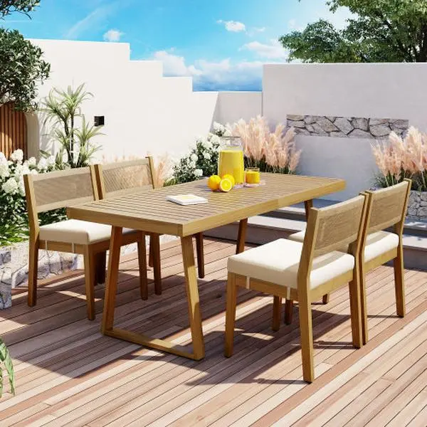 5-Piece Patio Furniture Dining Set, Multi-Person Outdoor Acacia Wood Dining Table Set with 4 Chair with Thick Cushions, Elegant Conversation Set for Balcony, Vourtyard and Garden (Beige）