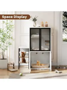 Litter Box Enclosure With Platform, Double Hidden Furniture, Enclosed Hidden Litter Box Cabinet With Door, Storage Shelves And Steps For Cat House, Large Hidden Restroom For Multi-Cat Household