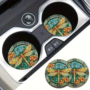 Dragonfly & Floral Pattern Car Coaster, Round Anti-slip Car Cup Mat, Car Interior Decoration Mat For Women Men, Car Interior Accessory, Cute Car Decor, Car Accessories