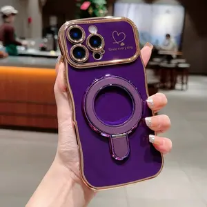 [LX]Case For IPhone 1516 17 Pro Max With Magnetic Stand, Luxury Plating Curly Wavy Frame And Cute Heart Pattern, Lens Edge Raised Protection, Slim Shockproof Soft Case For IPhone 15 Pro Max-Pink