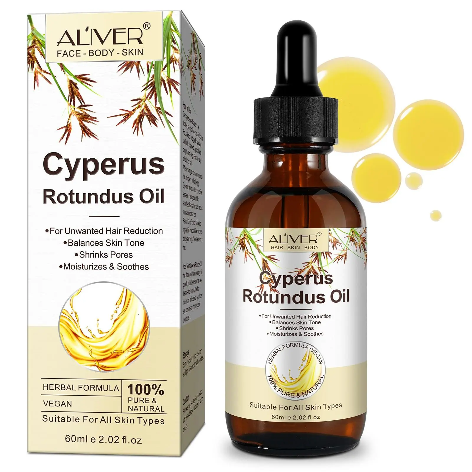 ALIVER Cyperus Root Body Hair Removal Oil: Your summer hair removal companion. It moisturizes the skin, soothes post-removal discomfort and dryness, and slows hair regrowth. Hair removal oil