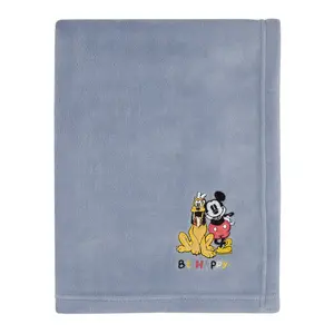 Mickey and Friends Blue, Gold and Red Pluto and Mickey Mouse Be Happy Super Soft Appliqued Baby Blanket