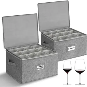 Glass Storage Box, Glassware Storage Containers w/Hard Shell Side Bottom Support & Padded Dividers, Stackable Stemware Storage Case for 24   Glasses Drinkware, Moving Supplies