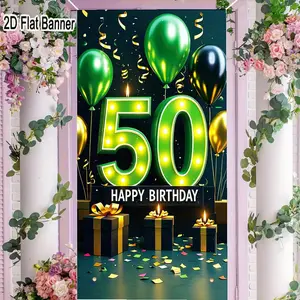 2D flat banner, 1pc50th Birthday Decorations, Glowing Green 50 Number Sign with Happy Birthday Banner, Green Gold Black Balloons, Gift Boxes for 50th Anniversary Party Decorgalentines party decor, valentine day decor, decorations for valentines day