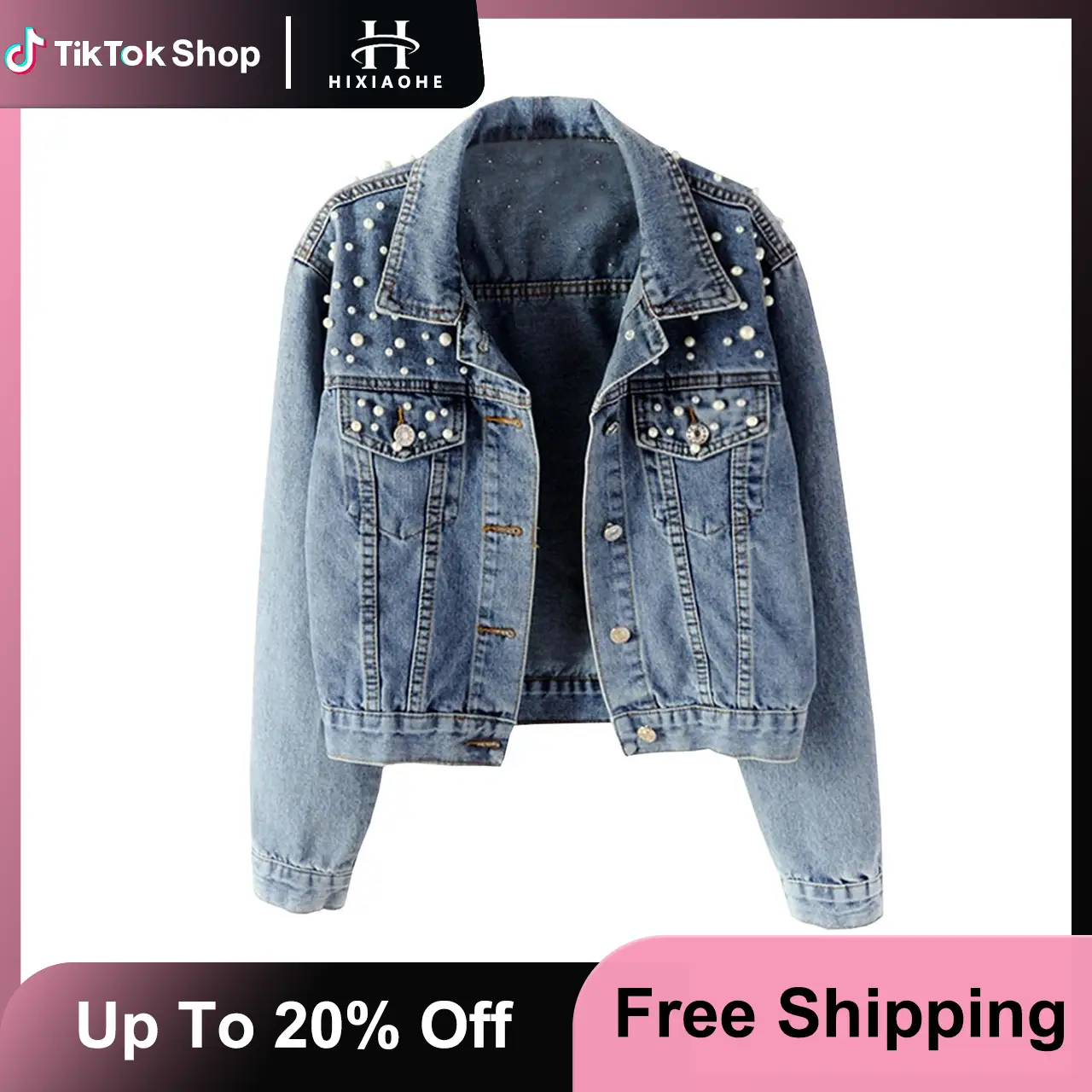 Hixiaohe Women's Fashion Loose Embroidered Pearls Beading Cropped Denim Jacket Jean Coat