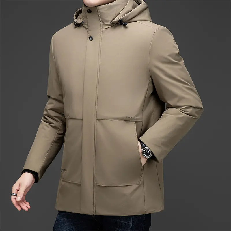 Men’s autumn/winter lightweight down jacket with hood for business wear—seamless heat-pressed design, windproof and warm, versatile commuter cold-weather outerwear