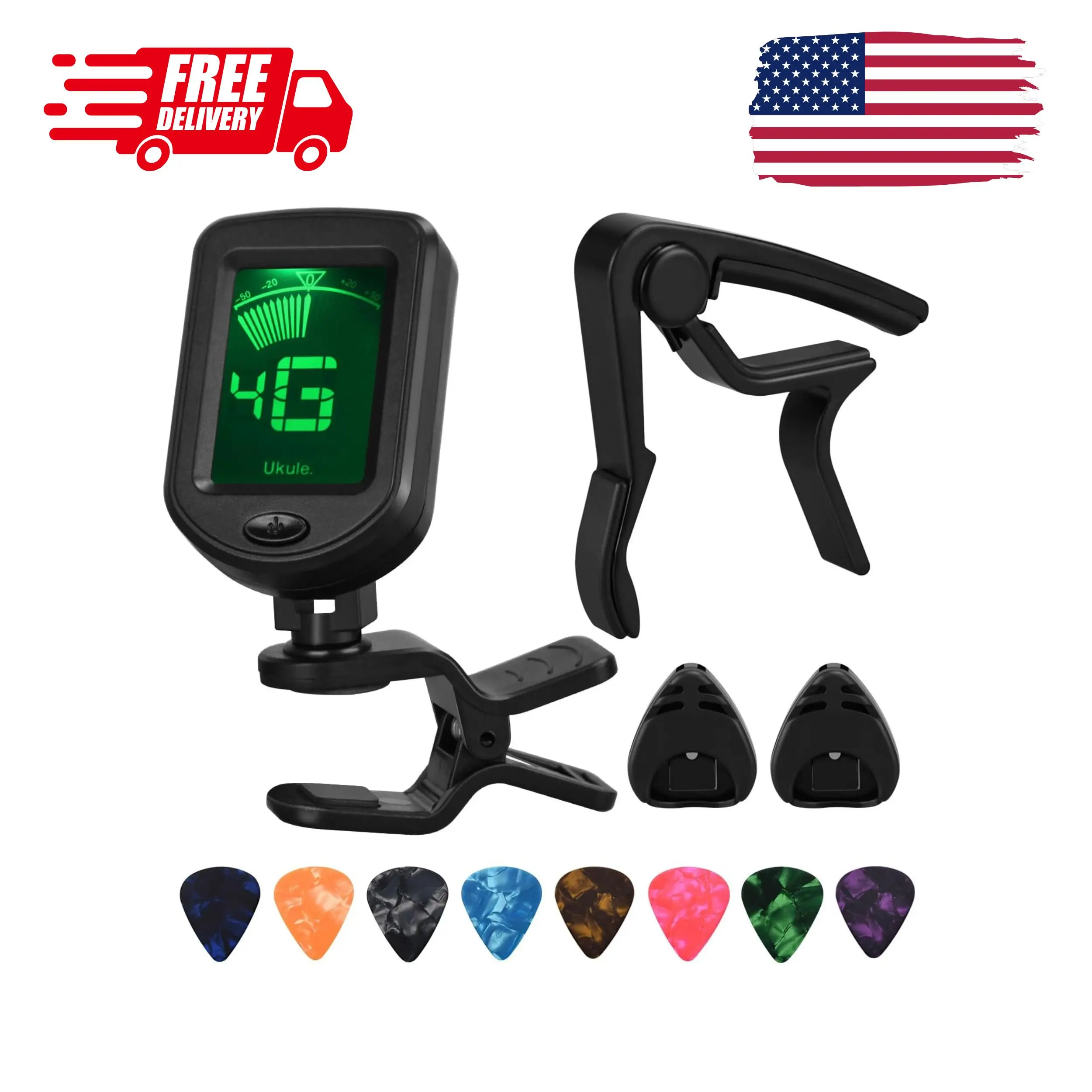 Guitar Capo Tuner Set, Including Capo, Tuner, Picks and Pick Holder