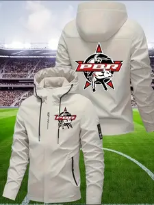Men's Fashion Print Long Sleeve Jacket with Pbr Logo, Stylish Zipper Pocket, Casual Hooded Design, Spring & Fall Wear, Polyester Material, Men's Leisure Jacket