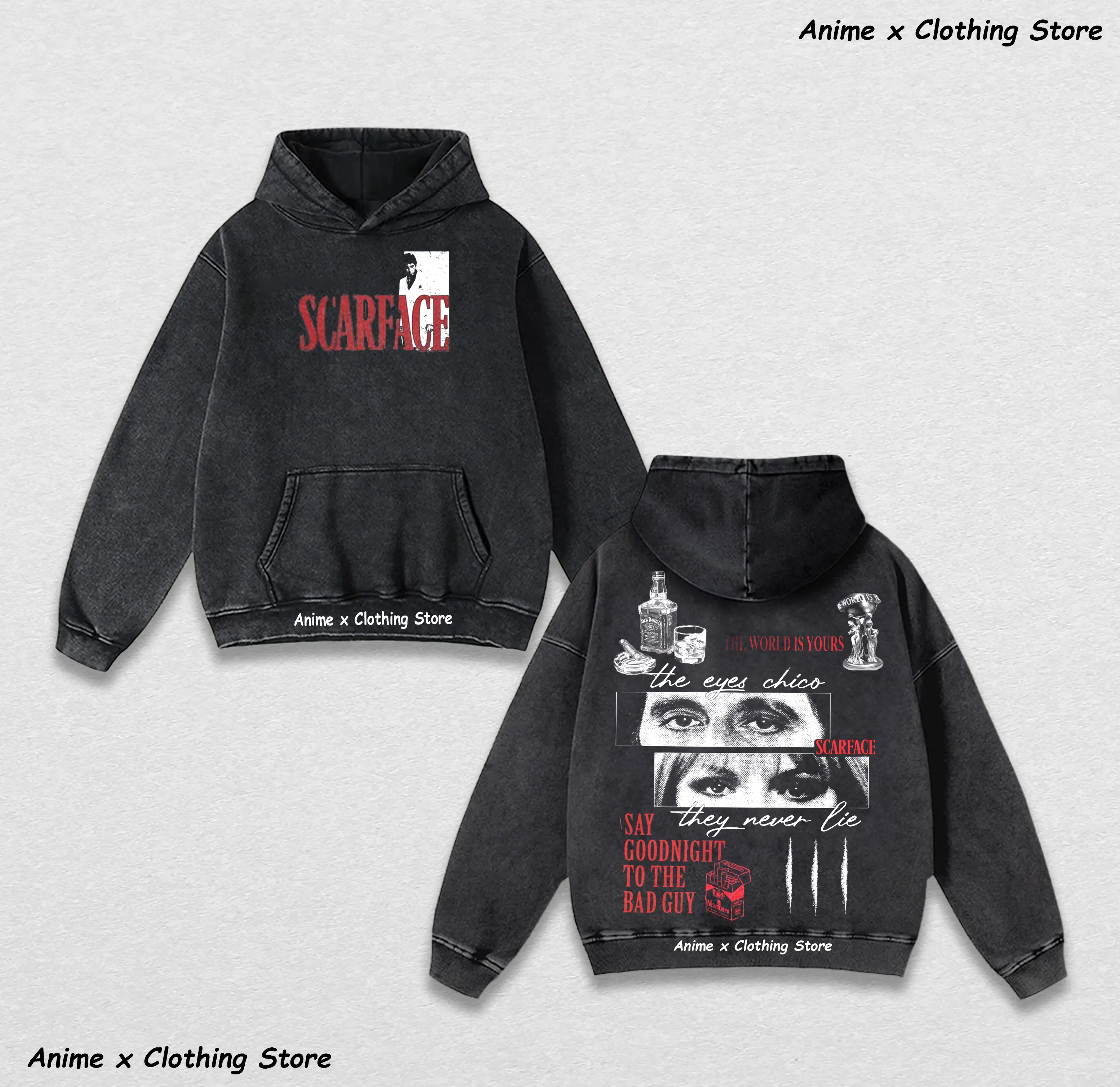 Scarface Al Pacino Hoodie: Washed Vintage Hoodie, "The World Is Yours" Graphic, Unisex Retro Streetwear Merch.