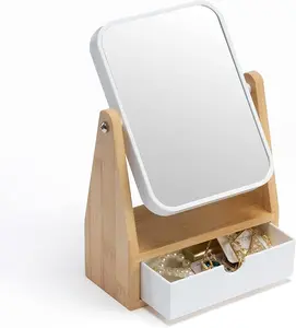 Vanity Double Sided Magnifying Makeup Mirror with Storage, Adjustable Natural Bamboo Stand, Portable Desk/Table Mirror, Rectangular