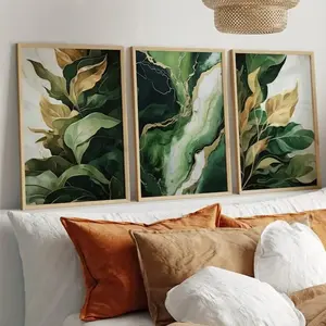 Optional Wooden Frame Green Modern Abstract Design Plant Leaf Canvas Prints Poster 3pcs Wall Decorative Art for Modern Living Room Dining Room Home Decoration