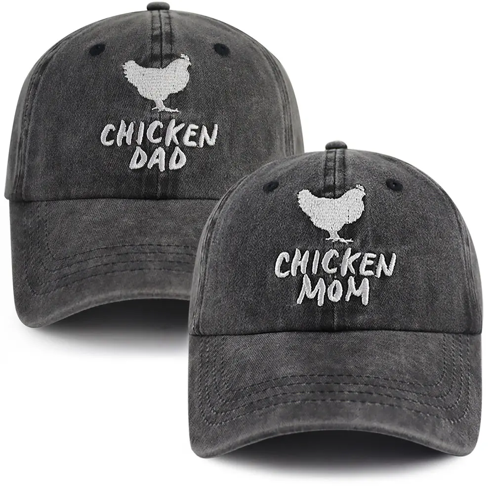 2PCS Washed Cotton Embroidered Baseball Caps (Dad & Mom Designs), Adjustable Funny Hats for Chicken Farming Fashion Accessories