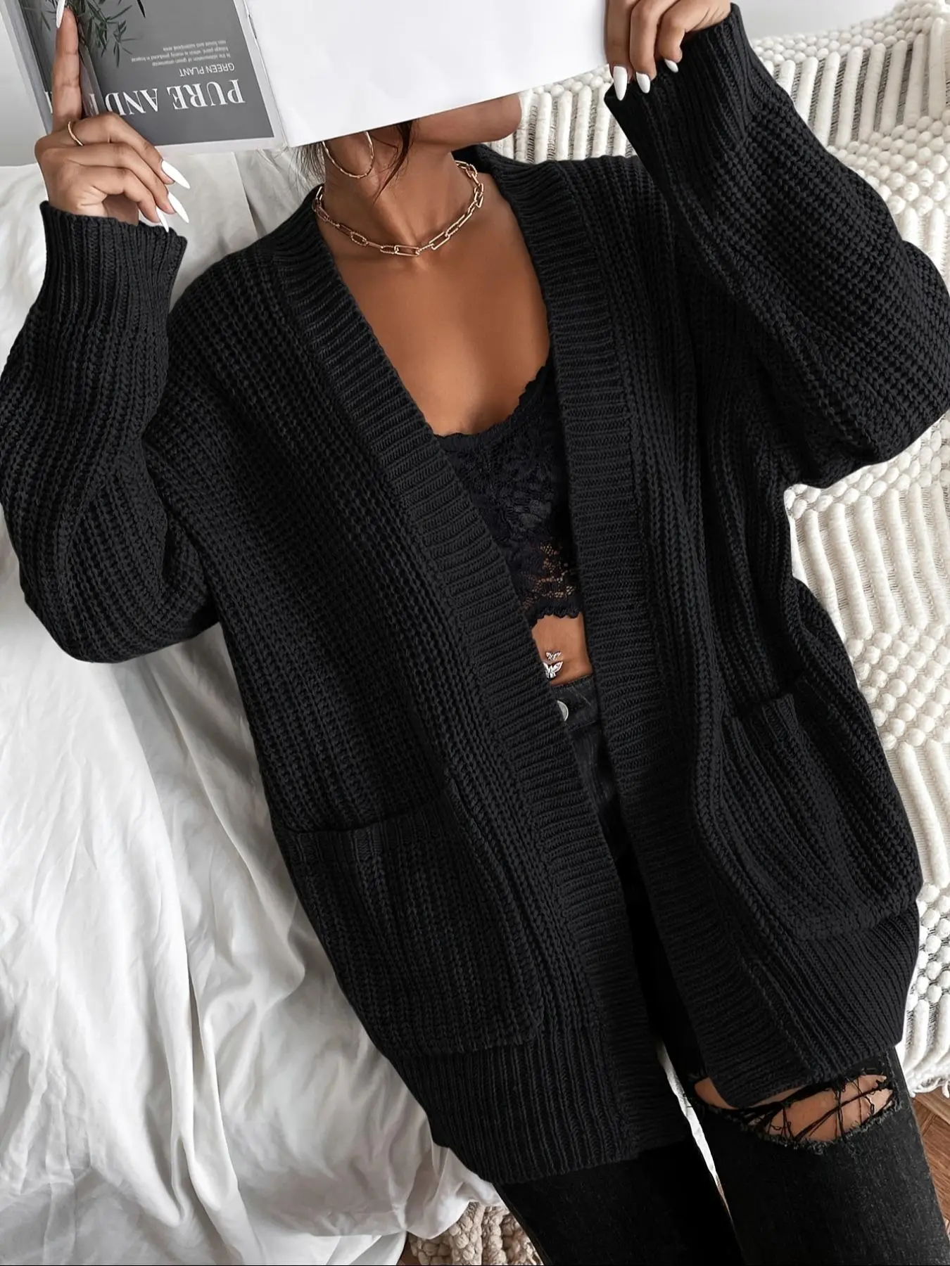 Women's Y2K Fashion Trend Elegant Knit Sweater, Long Sleeve Pullover with Pockets, Fit, Casual Fall Winter Outerwear, Essential Everyday Wear
