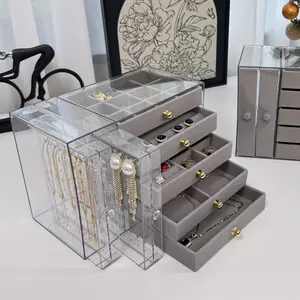 Five-drawer acrylic jewelry storage box with 2 side hanging slots, flocked-lined jewelry storage box, suitable for earrings, necklaces, rings, bracelets