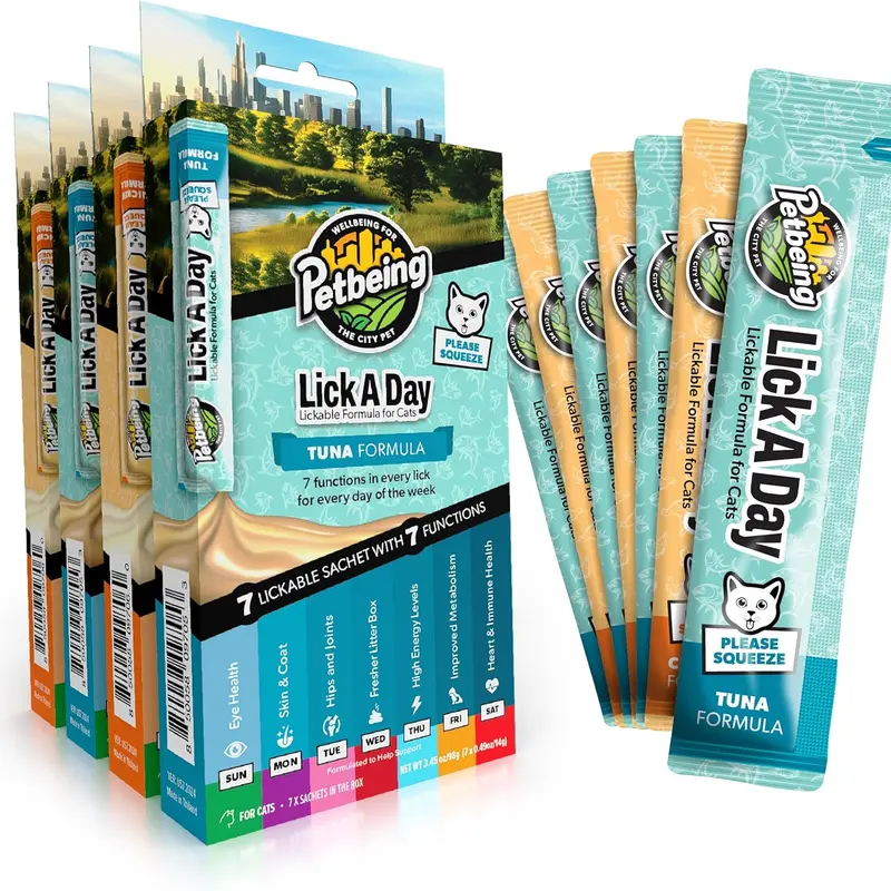 Lick a Day | Mix Flavor Chicken & Tuna | Specially Formulated 7-in-1 Functions Daily Real Meat Lickable Cat Treats | Tasty Cat Puree Squeeze ups for Cats & Pet Vitamins Combination (Pack of 28 Sachets)