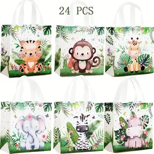 24pcs Safari-Themed Tote Bags with Woodland Animal Prints, Non-Woven Gift Bags for Parties & Events, Durable Safari Party Supplies