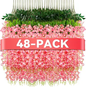 3.6ft 48PCS Artificial Wisteria Hanging Flowers Faux Wisteria Flower Vines Garland Silk Flowers Garland Fake Hanging Flowers String for Wedding, Garden, Wall Decoration (Pink)