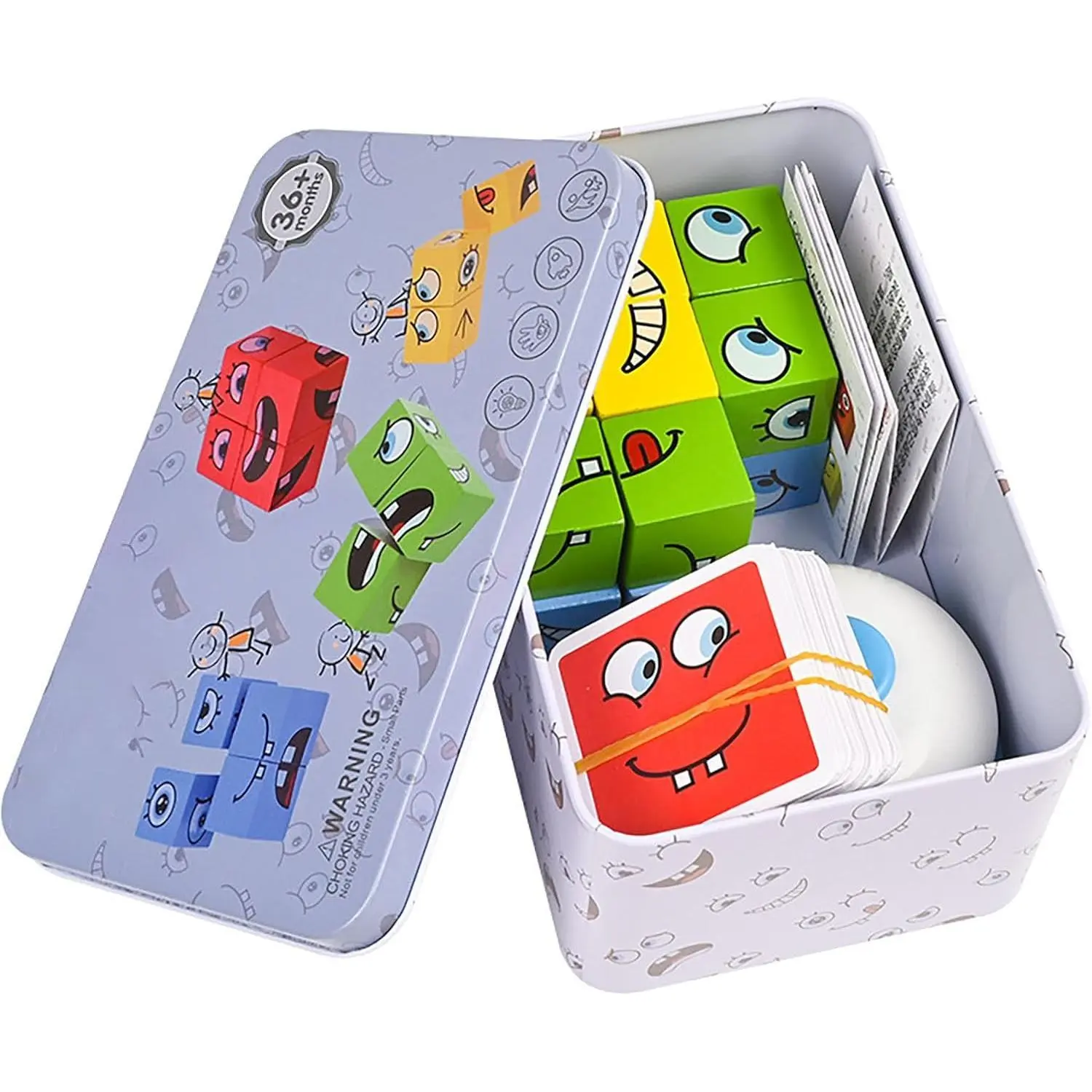 F-ITC16  Large Wooden Face Expression Puzzle Building Cubes Manipulatives Face Changing Magic Cube Puzzles Matching Game with Bell Logical Thinking Training Brain Educational Montessori STEM Toys