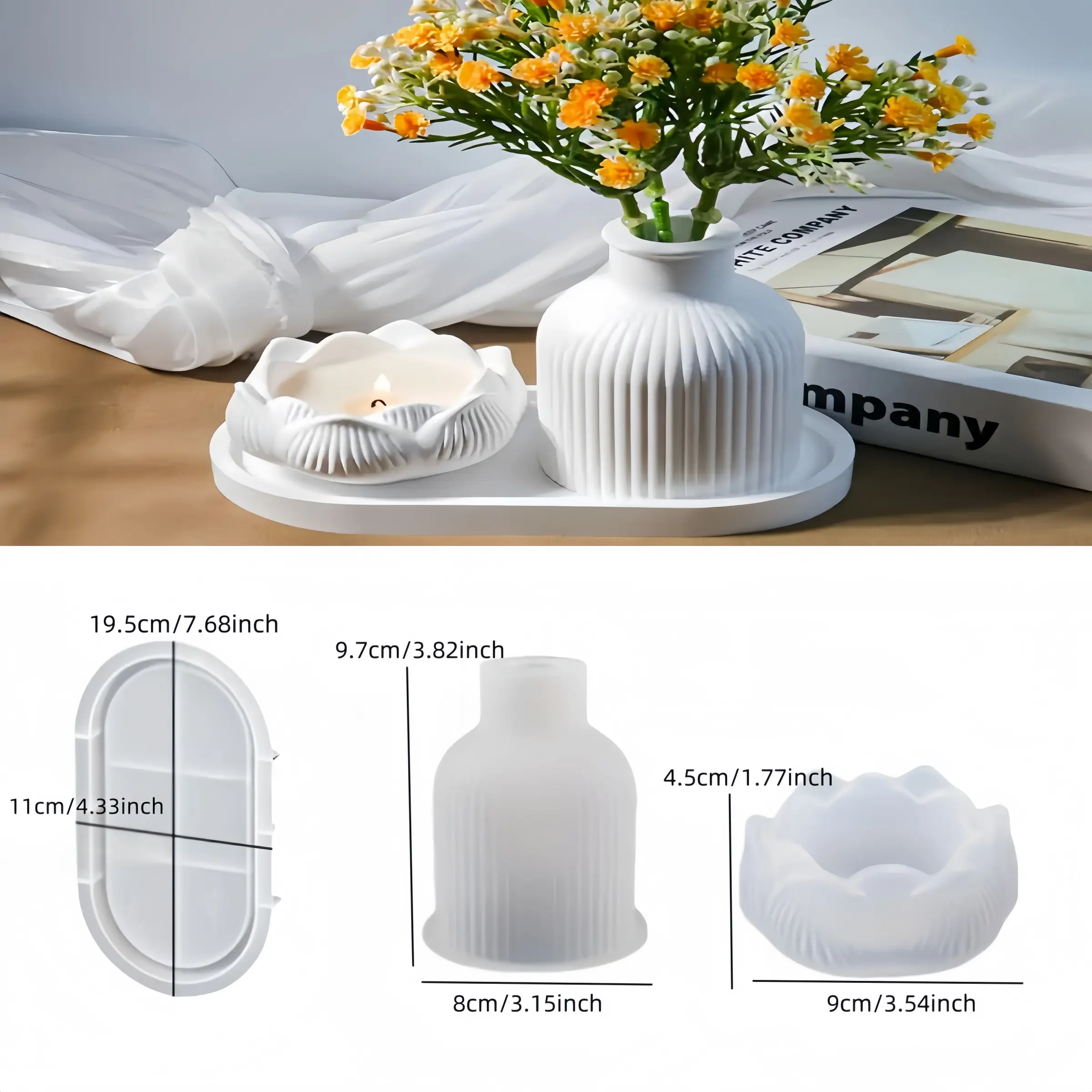 3 Piece Silicone Mold Set for Tray, Vase, and Lotus Candle Cup, Multifunctional and Reusable for Epoxy Resin, Plaster, and Cement Crafts, Candle Molds for Candle Making