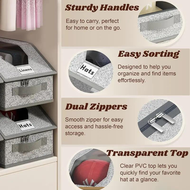 2 PCS Stackable Hat Storage for Baseball Caps, Holds up to 24 Caps Hat Organizer for Closet, Sturdy Snapback Boxes for Men with Cardboard, Grey