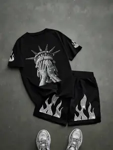 Unisex Statue of Liberty Rhinestone Tee & Shorts Set | American High Street Flame Print Two-Piece Outfit | Viral TikTok Pick for Street Style, Music Festivals, Y2K Fits, Daily Outings, Casual, Heavy Cotton + Full Rhinestone Print + Oversized Fit, TikTok