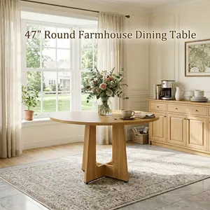 47" Round Farmhouse Dining Table for 4, Oak Finish MDF Circle Table 300LB Capacity, Easy Assembly Breakfast Nook Table for Small Space Kitchen Coffee Corner, Spiced Oak