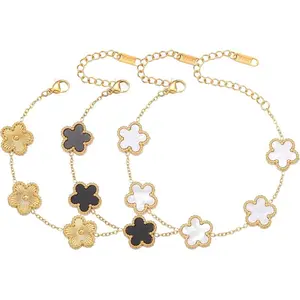 Four Leaf Clover Bracelet Set for Women - 3Pcs 18K Gold Plated Flower Lucky 4 Leaf Link Bracelet Jewelry Gift for Women Van Cleef