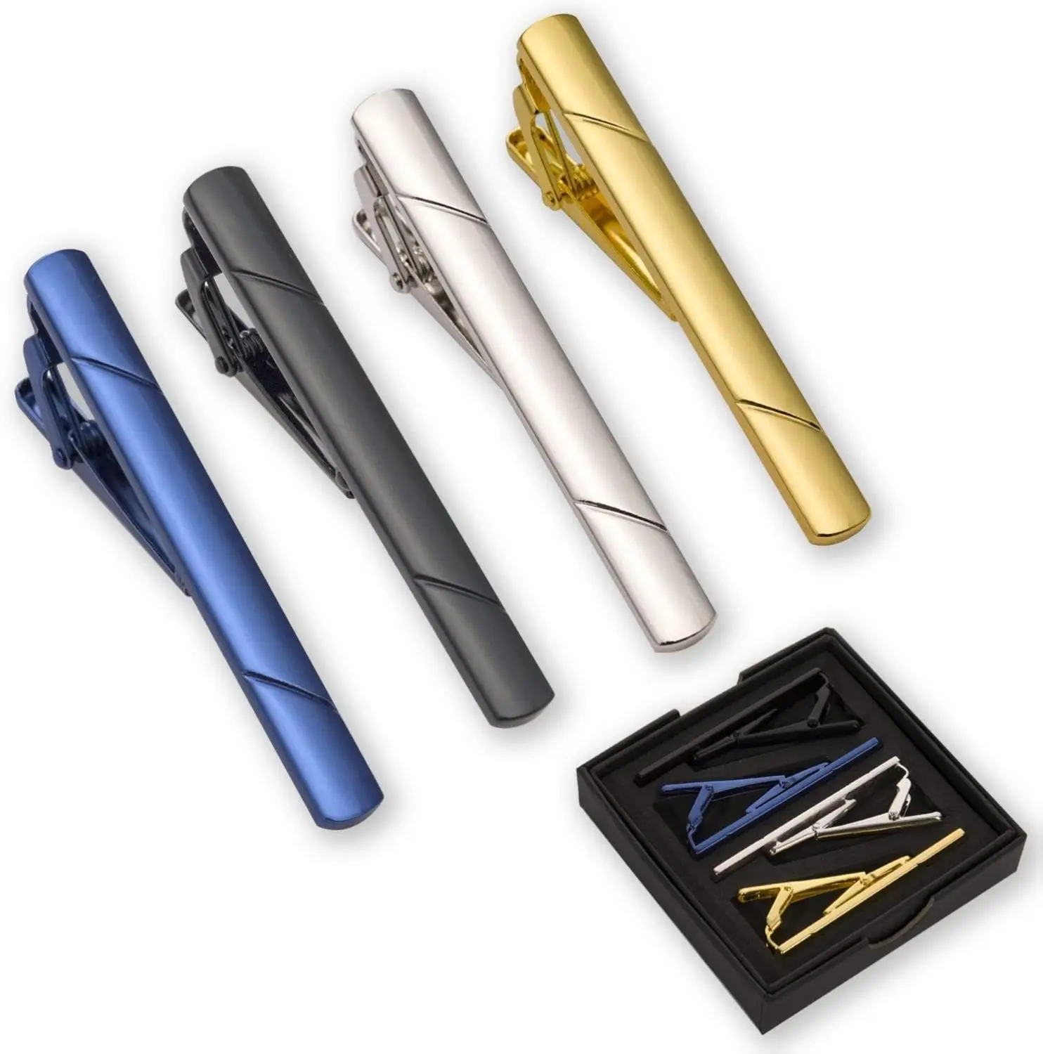 Men's 4-Pack Smooth Solid Nickel-Free Copper Tie Clips (2.3in) - Black, Gold, Blue & Silver, Business & Party Accessory, Gift Box Included