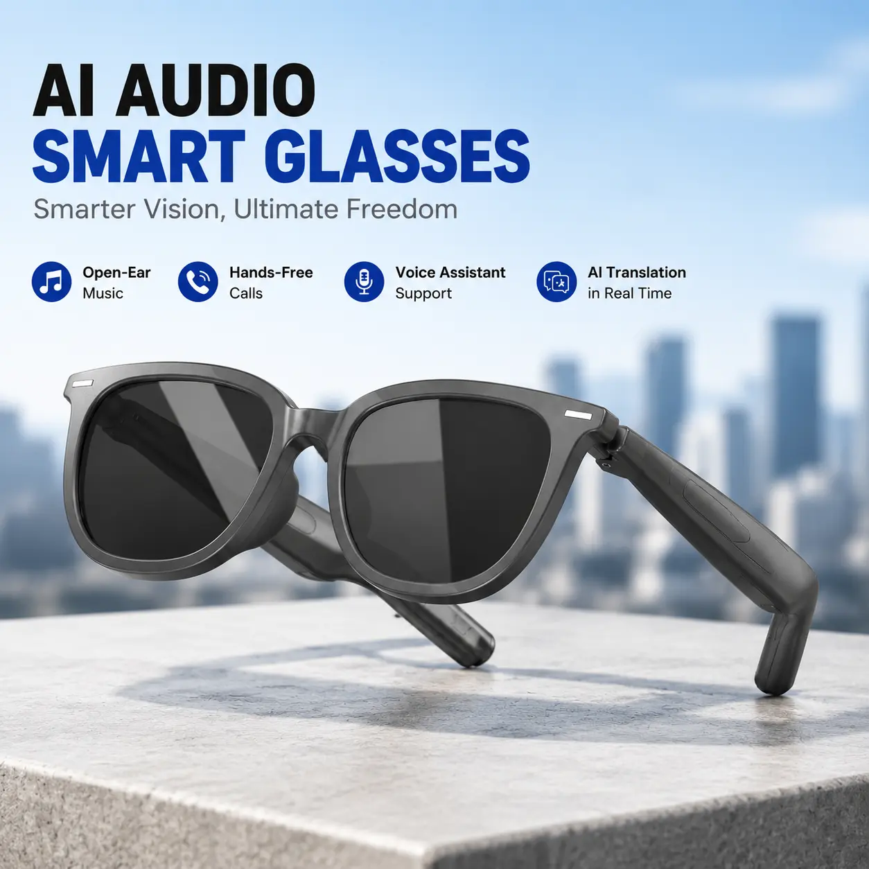 Smart AI Audio Glasses with Touch Electrochromic Lenses, Bluetooth Music Streaming, Hands-Free Calling, Voice Assistant, Real-Time AI Translation, Stylish Smart Eyewear for Outdoor, Travel & Daily Use, Compatible with iOS & Android