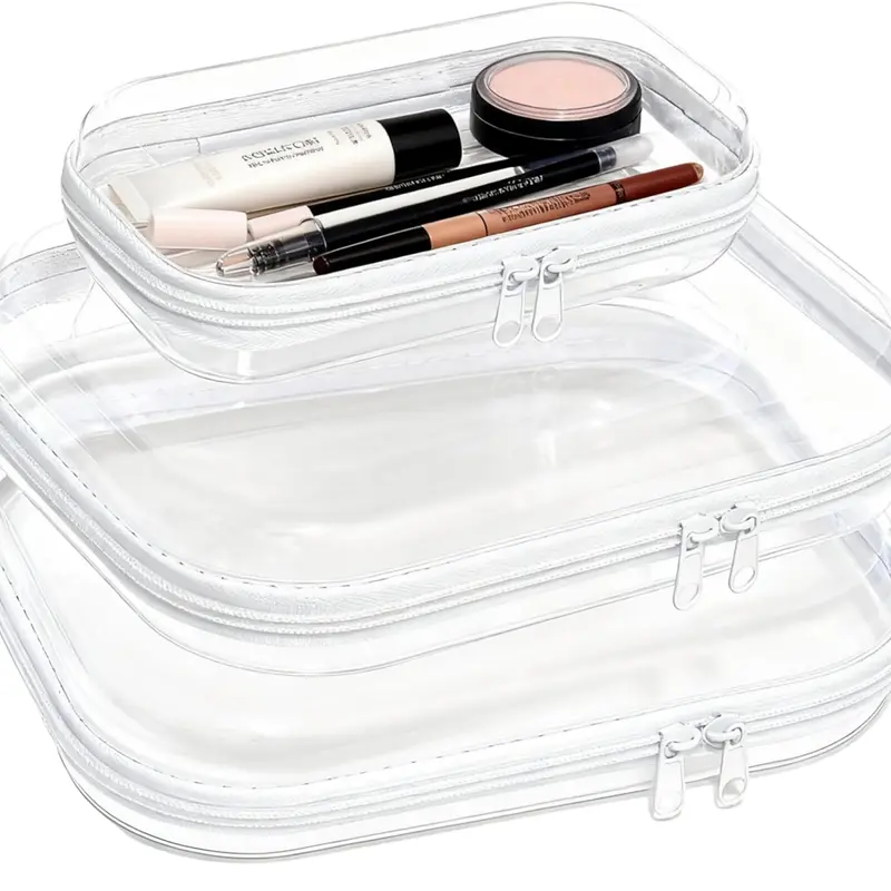 3-Pack Transparent Splash-Proof PVC Hard Shell Double-Zip Plastic Storage Boxes Set - Dustproof, Leakproof, Multi-Size, Stackable, Lightweight, Portable Home Organizers with Large 13.78 x 11.81 Inch Option for Travel Toiletries