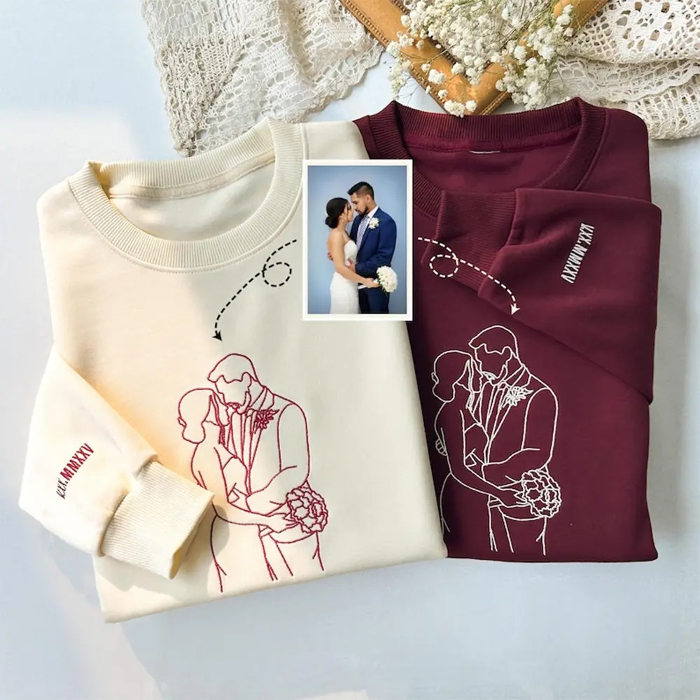 Custom Embroidered Line Art Sweatshirt from Photo, Personalized Outline Portrait Crewneck, Valentine’s Day Gift