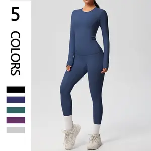 Women's Solid Long Sleeve Tee & High Waist Leggings Tracksuit Set with Sporty Round Neck Top & Skinny Pants for Gym Workout & Winter Sportswear Yoga Bottoms