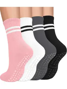 4 Pairs Non Slip Pilates Socks with Grips for Women, Crew Grip Socks for Yoga, Barre, Hospital, Barefoot Workout, Anti Slip Socks, Athletic Socks