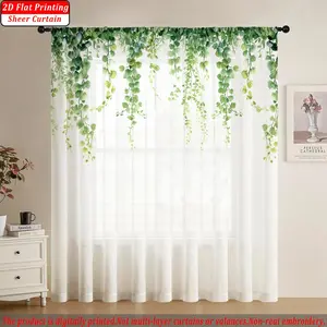 Digital Print Semi-Transparent Curtain, Branch Pattern, Rod Pocket Top, Fade Resistant, Polyester Fabric, Washable, Home Window Decor